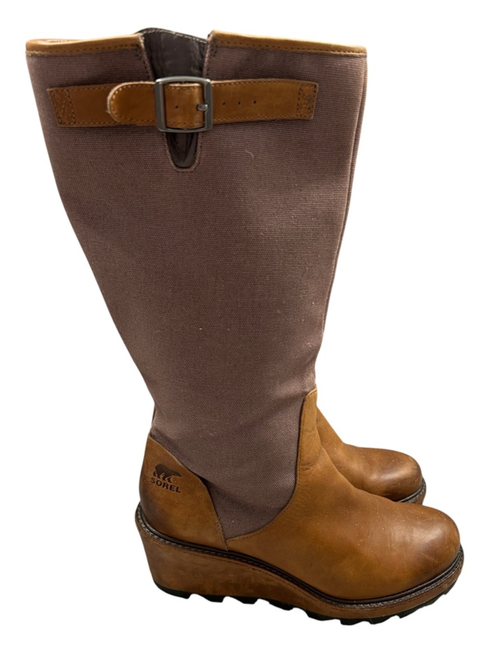 Sorel Brown Cool Canvas  / Leather Wedge Boots Size 11